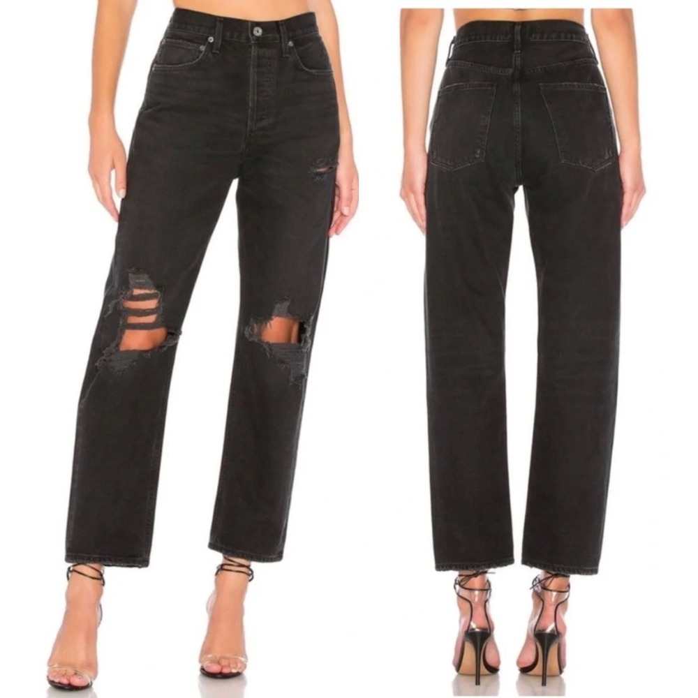 Agolde 90s Jeans Size 27 (Fits 30x28) Black Mid Rise Loose Fit Distressed Grunge - Picture 12 of 12